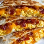 Bacon egg and cheese breakfast quesadilla on a plate, ready to serve.